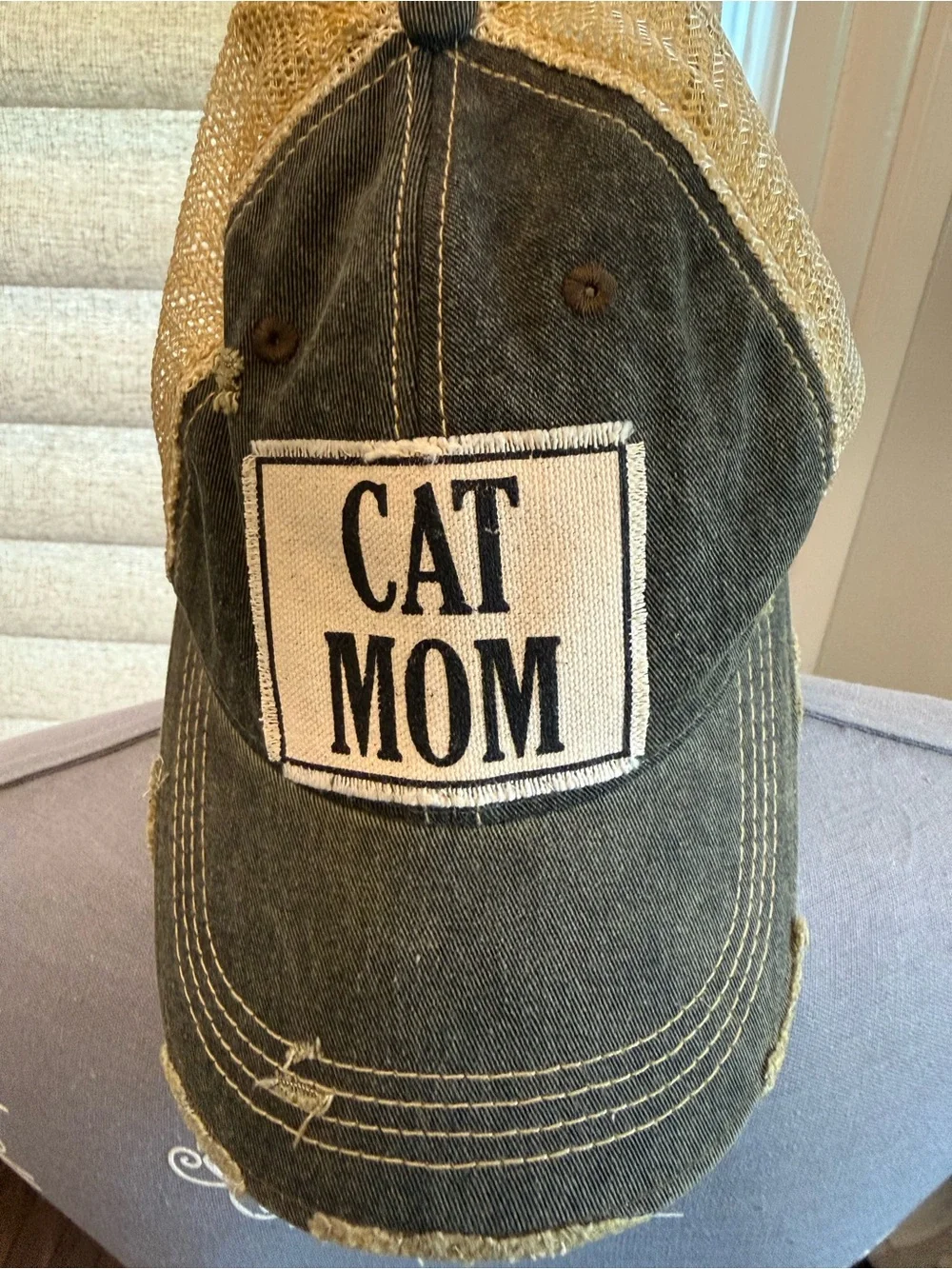 Cat Mom Distressed Trucker Hat - Beige & Gray new with tags